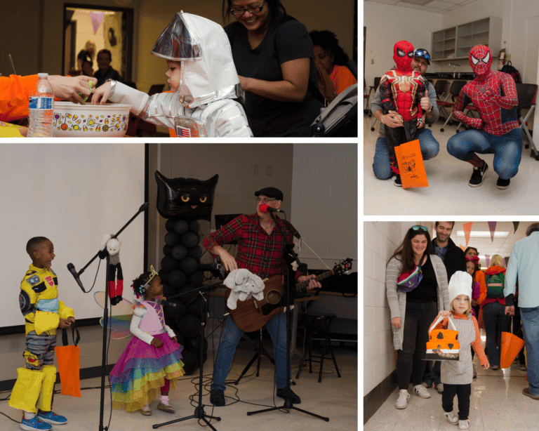 Top Left: child dressed like astronaut
Top right: child dressed like Spiderman with Spiderman character
Bottom left: Two children singing
Bottom right: boy trick or treating dressed like a baker
