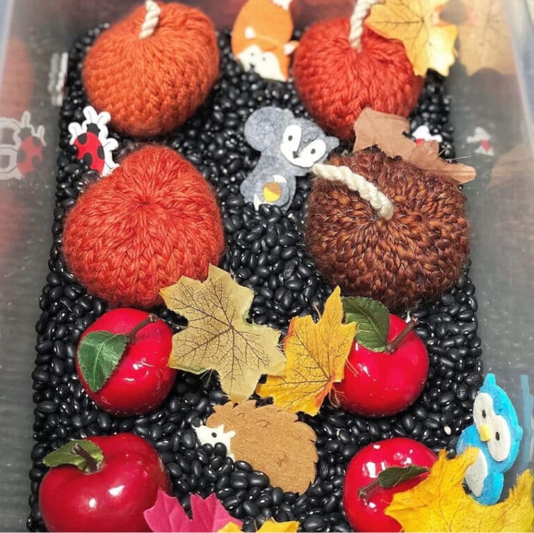 A sensory bin containing black beads, brown and orange yarn pumpkins, plastic red apples and felt animals.