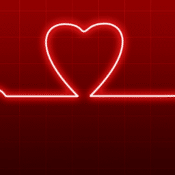 Red background with a faded grid. A heart beat line with a heart shape in the center.